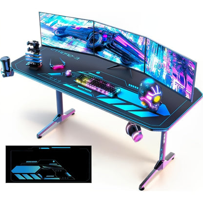 Gaming Bureau – Game Bureau – Gaming Desk – Computerbureau – Werkplek – Ergonomisch Design – Volledig Carbon Fiber Muismatoppervlak – Bekerhouder en Headset Haak – Zwart Met Blauwe Accenten – 160x75x75 cm