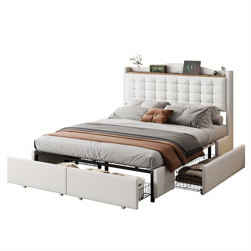 Tweepersoonsbed – Gestoffeerd Bed – Opbergbed – Slaapbed – Bedframe – 140x200 cm – Linnen Bekleding Beige – Inclusief Nachtkastje Met Laadfunctie
