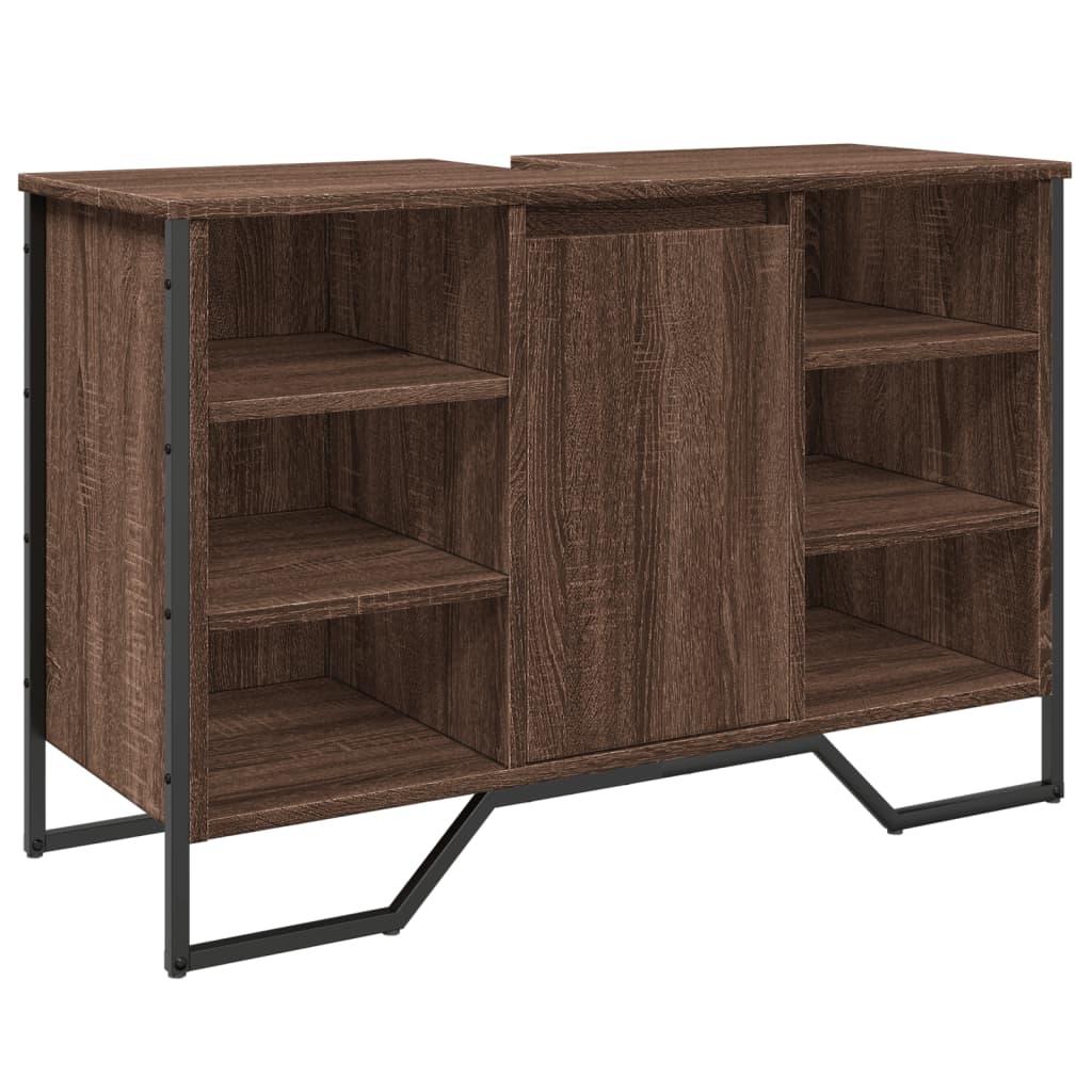 Modern Brown Oak Bathroom Sink Cabinet - Engineered Wood Storage with Towel Rack & Hooks, 91x35x60cm, Perfect for Washroom Organization, Bathroom Organizers And Storage