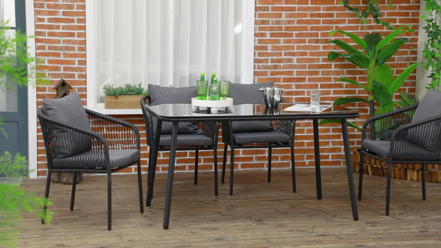 Tuinset 4 Personen – Tuinmeubel Set – Buitentafel Met Stoelen – Balkonset – PE Rattan Meubel – Weerbestendig Aluminium Frame – 140x80x74 cm Tempered Glasblad