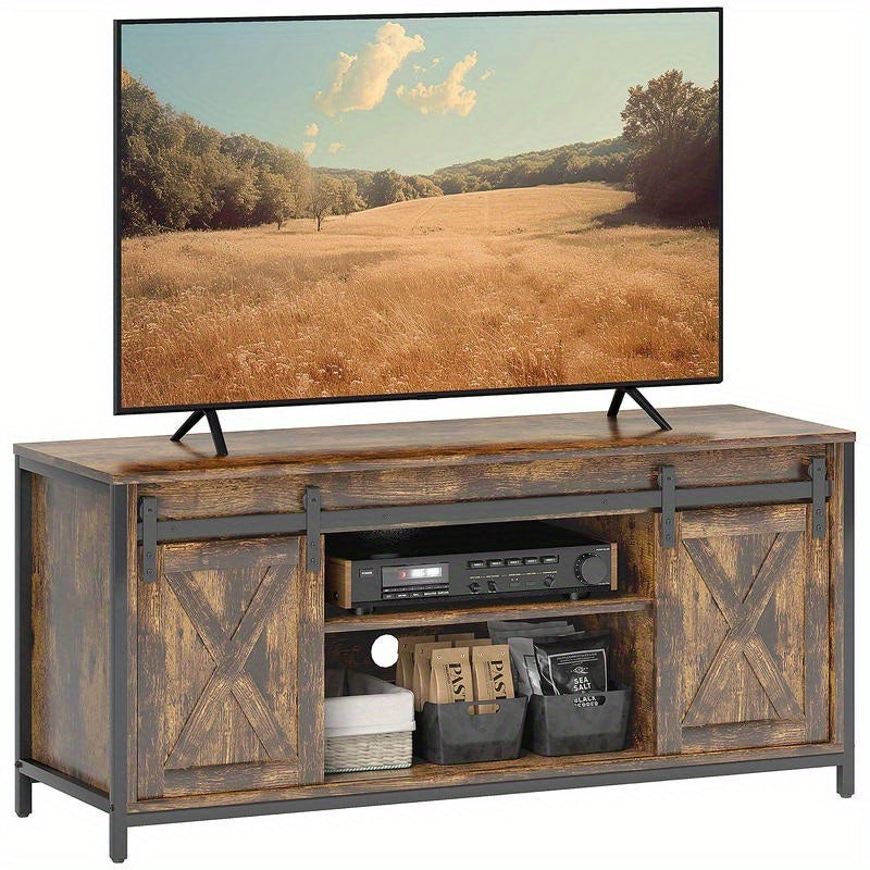 Tv-meubel – Tv-standaard – Tv-kast – Media Console – Tv-dressoir – Industrieel Modern – Houten Massief Hardhout – 6 Vakken Met Schuifdeuren