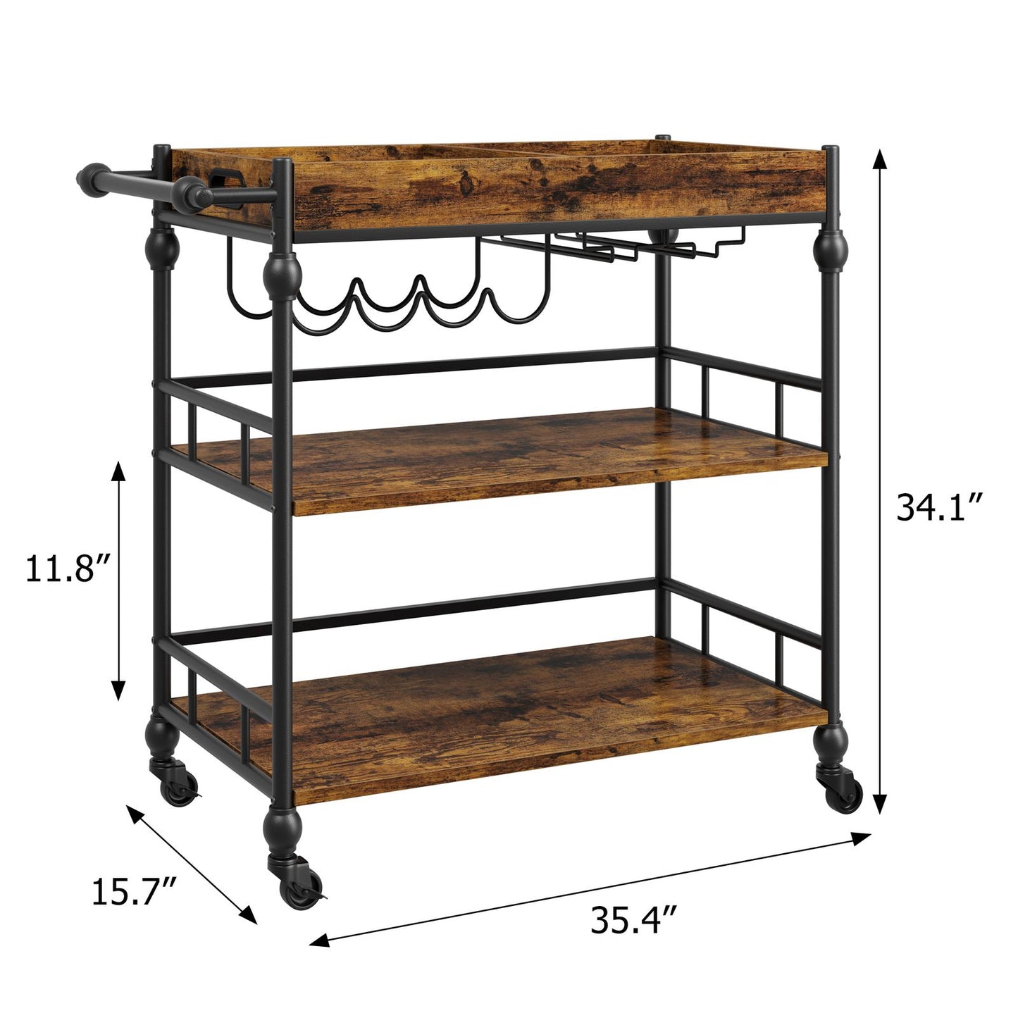Mobiele Barwagen – Serveerwagen – Trolley – Wijnkar – Drinkkar – Retro Kleur – Hardhout – 4 Draaibare Wielen