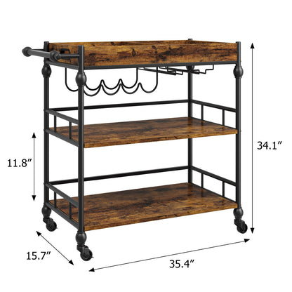 Mobiele Barwagen – Serveerwagen – Trolley – Wijnkar – Drinkkar – Retro Kleur – Hardhout – 4 Draaibare Wielen