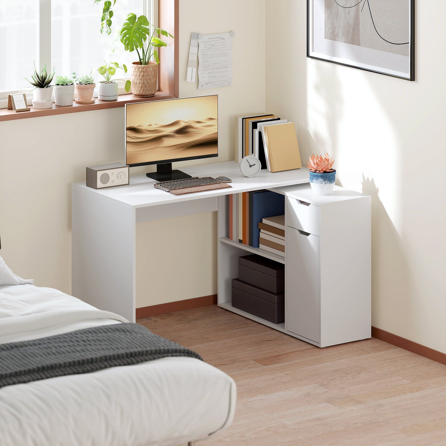 Bureau – Werkplek – Schrijftafel – Computertafel – Flexibele Bureau – Wit Met Houten Accenten – 2-Laagse Kast Met Lade En Open Planken