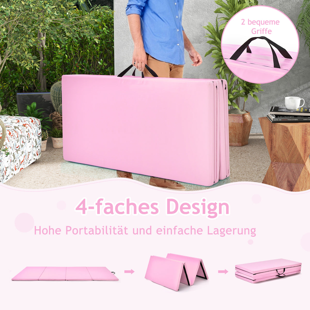 Gymnastiekmat – Yogamat – Fitnessmat – Turnmat – Oefenmat – Opvouwbaar 4 Panelen – Lichtgewicht Met Draaggrepen – Roze