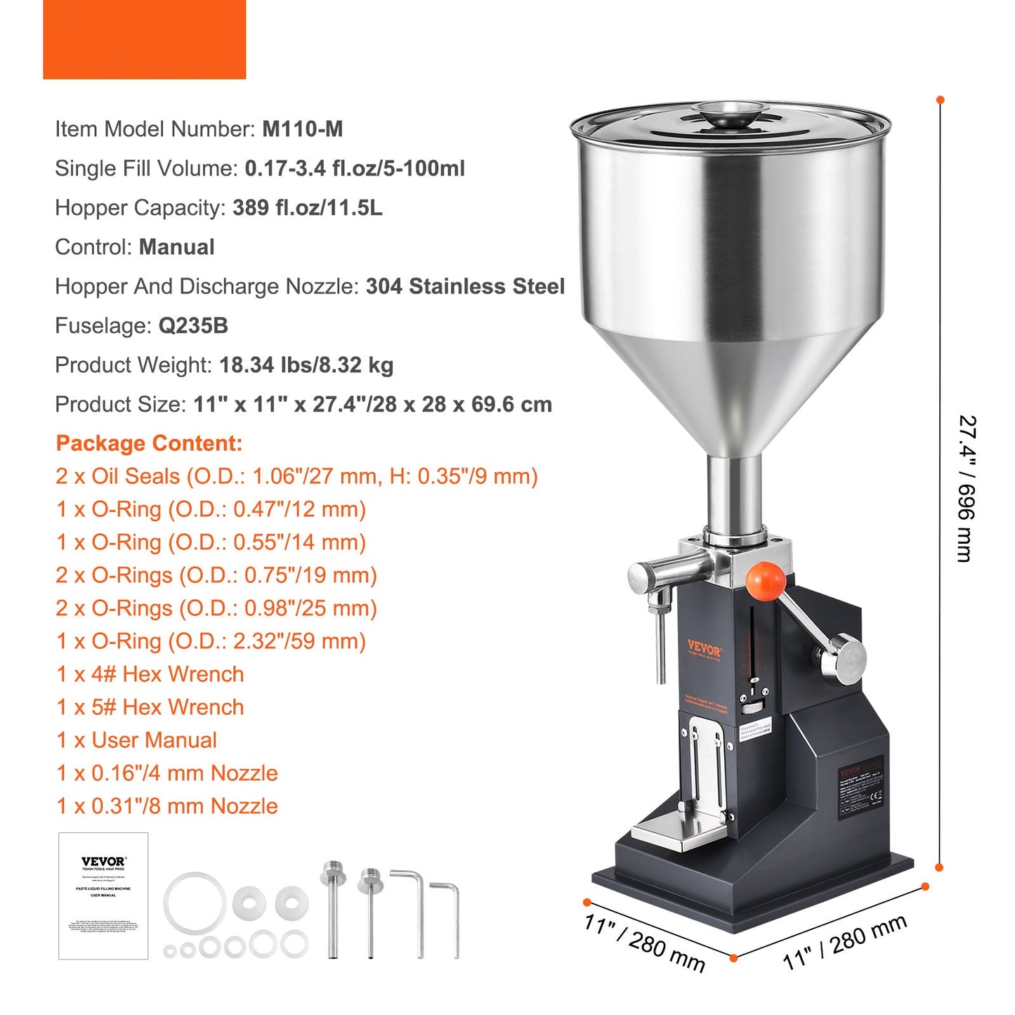 Vulmachine – Flessenvuller – Handmatige Vloeistofvuller – Pasta Vulmachine – Doseermachine – RVS 304 Roestvrij Staal – Instelbare Vulhoeveelheid 5-100 ml