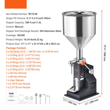 Vulmachine – Flessenvuller – Handmatige Vloeistofvuller – Pasta Vulmachine – Doseermachine – RVS 304 Roestvrij Staal – Instelbare Vulhoeveelheid 5-100 ml