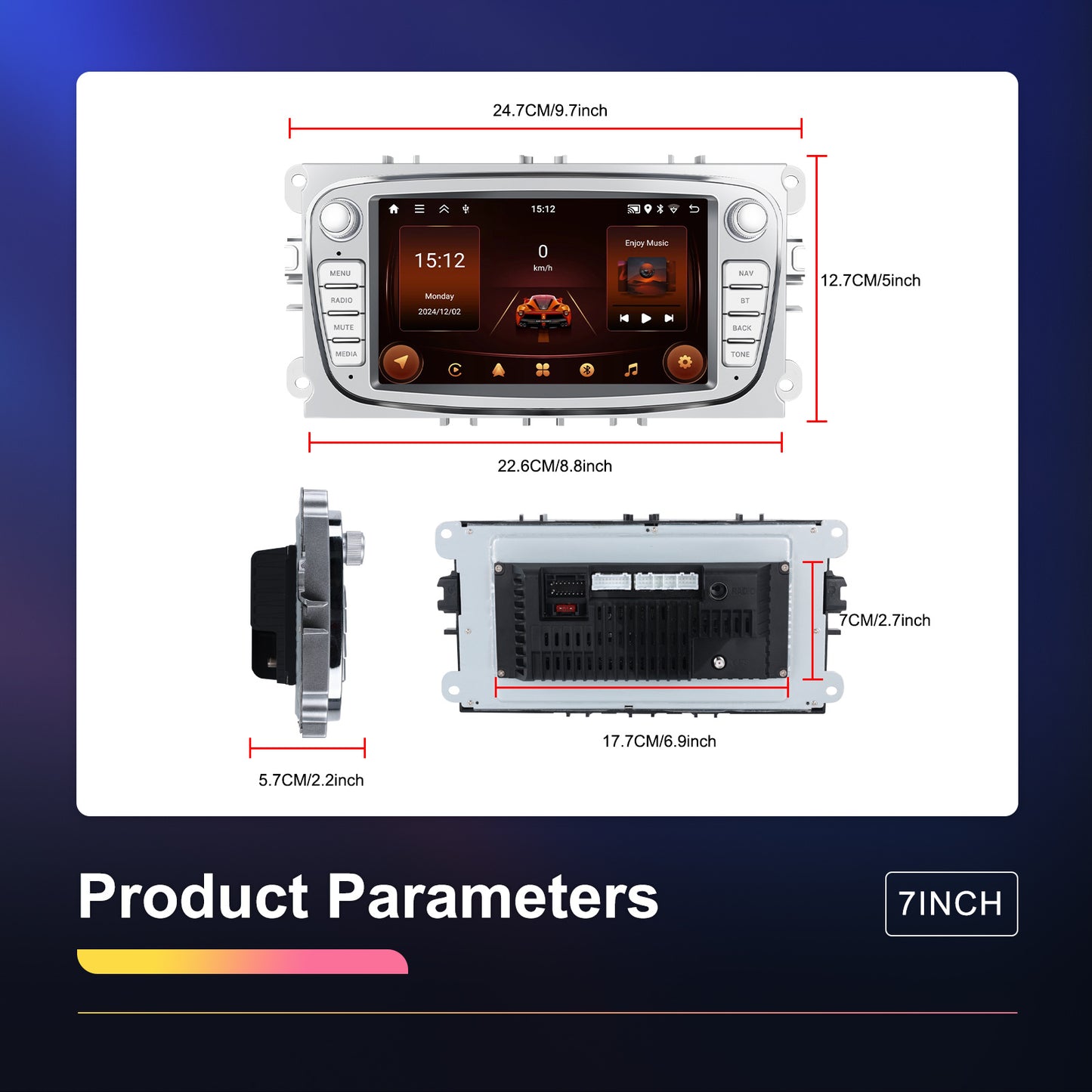Android 15 Autoradio – Multimedia Radio – Car Stereo – Navigatiesysteem – Touchscreen Radio – 7-inch HD Scherm – Inclusief AHD Achteruitrijcamera – Wireless CarPlay & Android Auto