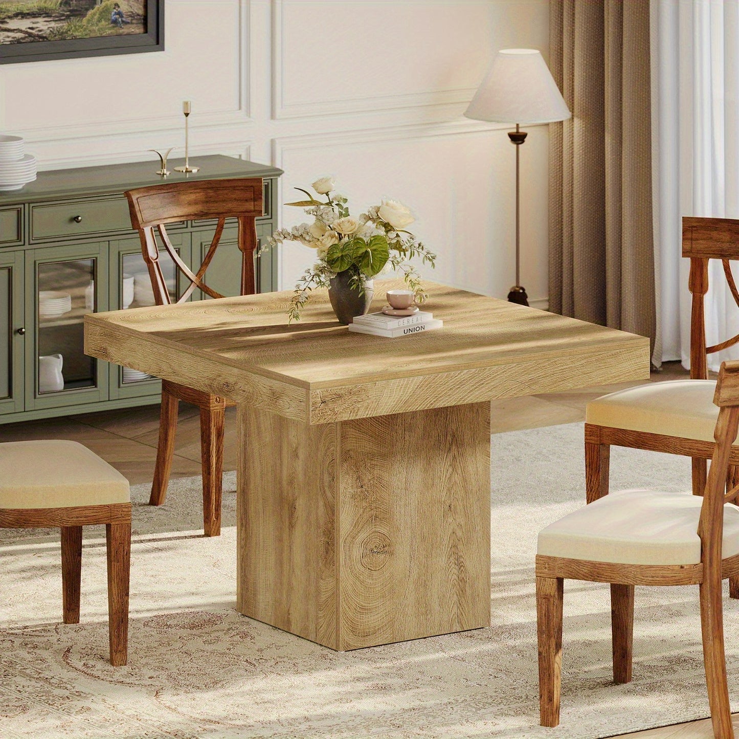 39-Inch Square Dining Table for 4, Farmhouse  Kitchen Dinner Eating Table with Sturdy Pedestal Base, Wooden Dining Room Furniture for Dining Room, Kitchen, Apartments, Natural(1pc)