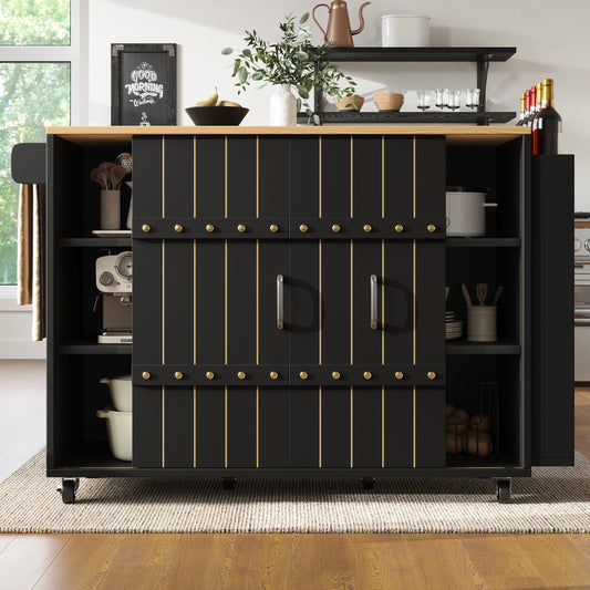 Keukenwagen – Keukentrolley – Keukenkar – Desserte – Werkbladwagen – Inklapbaar Werkblad – Veel Opbergruimte – Zwart Met Houtlook – 110x42x90 cm