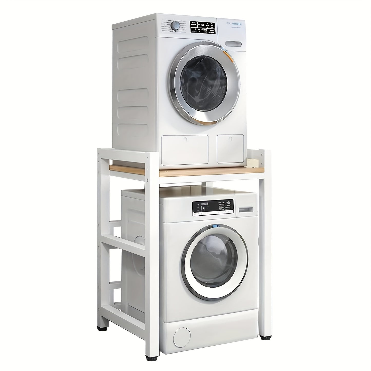 Wasmachineplank – Opbergrek Wasmachine – Verhoogd Rek Wasmachine – Opbergplank Wasmachine – Drogerplank Wasmachine – Verstelbare Hoogte – Draagvermogen 350 kg – Wit Frame Met Walnootplank