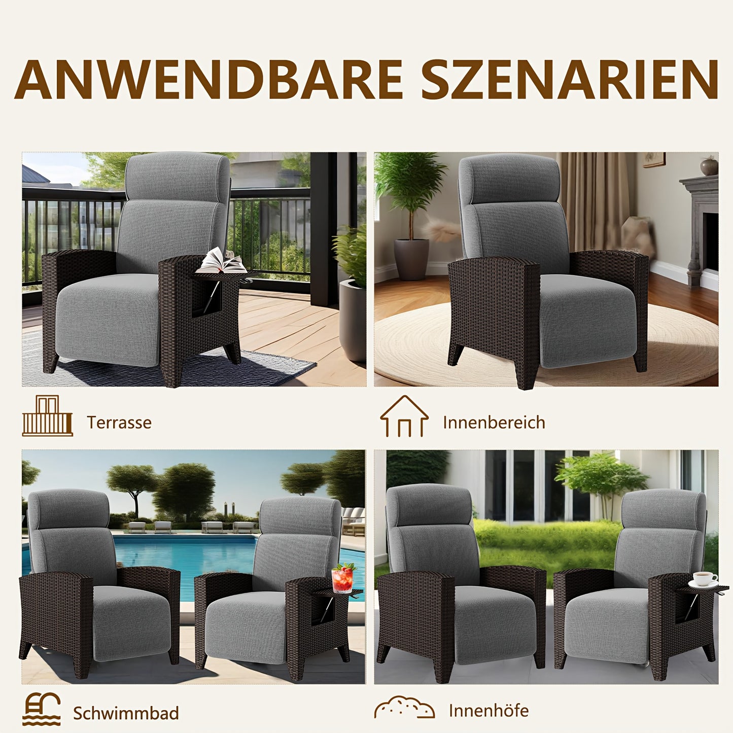 Verstelbare Loungebedstoel – Ligstoel – Tuinstoel – Balkonstoel – Relaxstoel – Ratan Look – Memory Foam – Bijzettafeltje – Diepgrijs