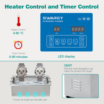 Ultrasone Reiniger – Ultrasoon Schoonmaakapparaat – Sieraden Reiniger – Horloge Cleaner – Brillenreiniger – Met Verwarming Tot 80°C – Roestvrij Stalen Behuizing