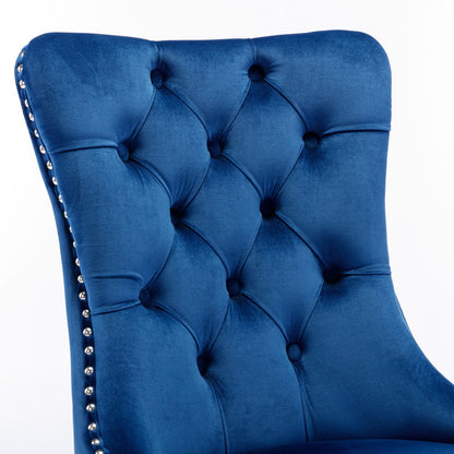 Modern, High-end Tufted Solid Wood Contemporary Velvet Upholstered Dining Chair with Chrome Stainless Steel Plating Legs,Nailhead Trim,Set of 2,Blue and Chrome, DE1701BL