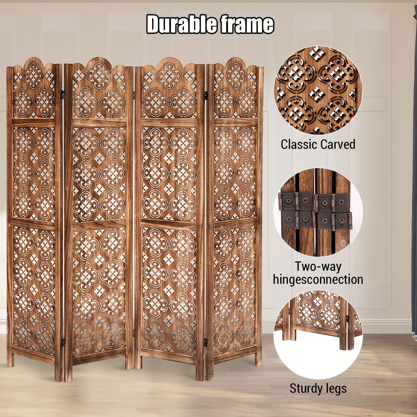 Carved Wood Room Divider Panel | Hardwood, Classic Style, Brown Color, Folding Screen for Home Office Garden Terrace - MERXENG