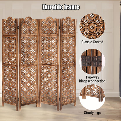 Carved Wood Room Divider Panel | Hardwood, Classic Style, Brown Color, Folding Screen for Home Office Garden Terrace - MERXENG
