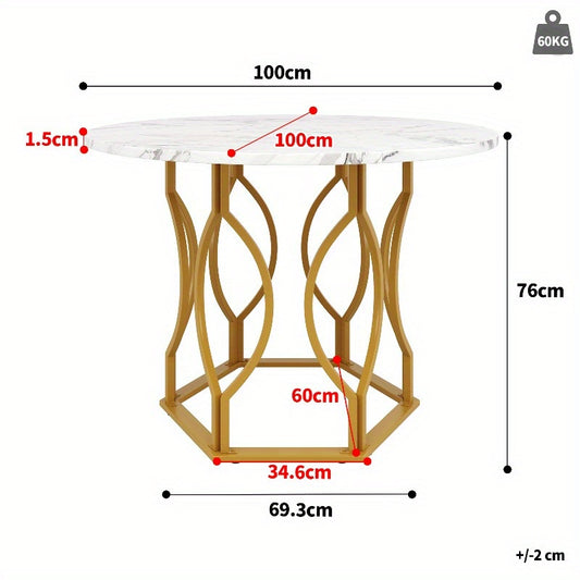 Ronde Eettafel – Moderne Tafel – Bistrotafel – Keukentafel – Tafel Met Marmeren Blad – 100 cm Rond – Gouden Metalen Poten – Stijlvol Marmerdesign – Compact Voor Kleine Ruimtes
