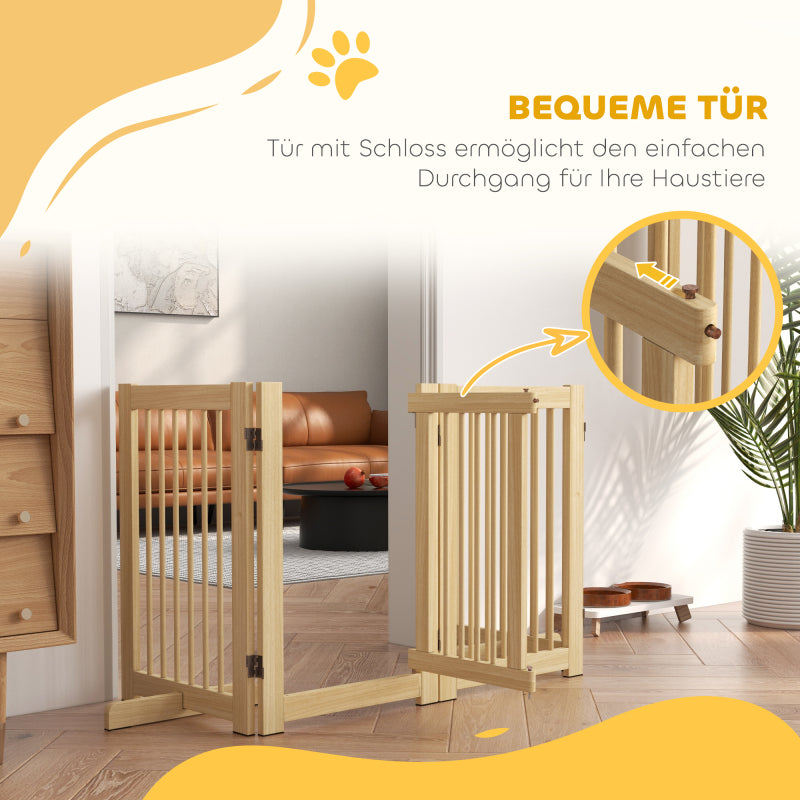 Hondenrek – Hondenhek – Hondenbarrière – Veiligheidshek – Houten Hondenbarrière – 4-delig Vouwbaar – Met Deur – Vrijstaand Met 2 Steunpoten – Afm. 204x75 cm