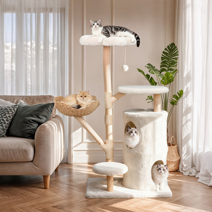 Kattenkrabpaal – Krabmeubel – Kattenboom – Krabtoren – Kattenhuis – 142 cm Hoog – Stevig Hout En Soft-Touch Textiel