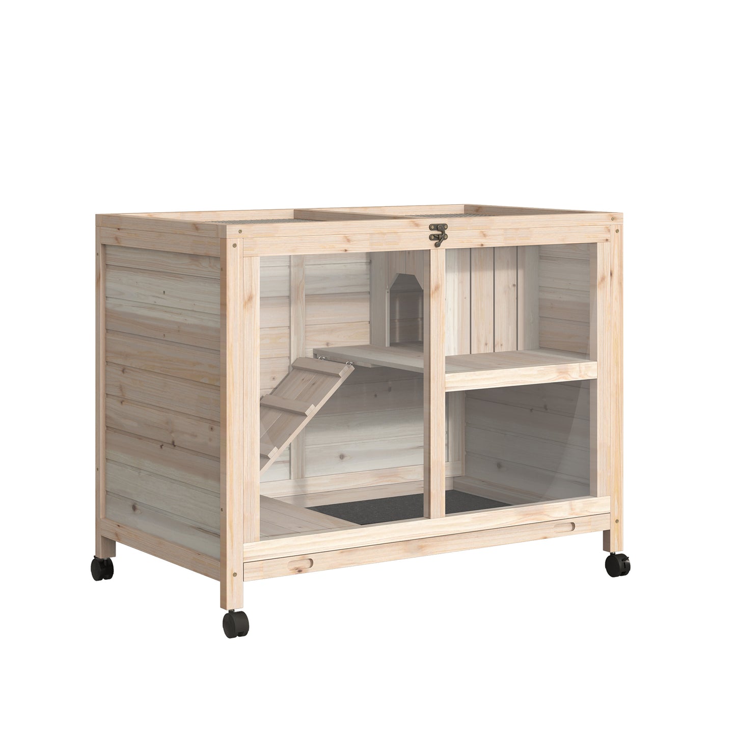 Konijnenkooi – Houten Konijnenverblijf – Konijnenhok – Dierenverblijf – Konijn Bench – Natuurlijk Massief Hout – Twee Verdiepingen Met Speelplatforms