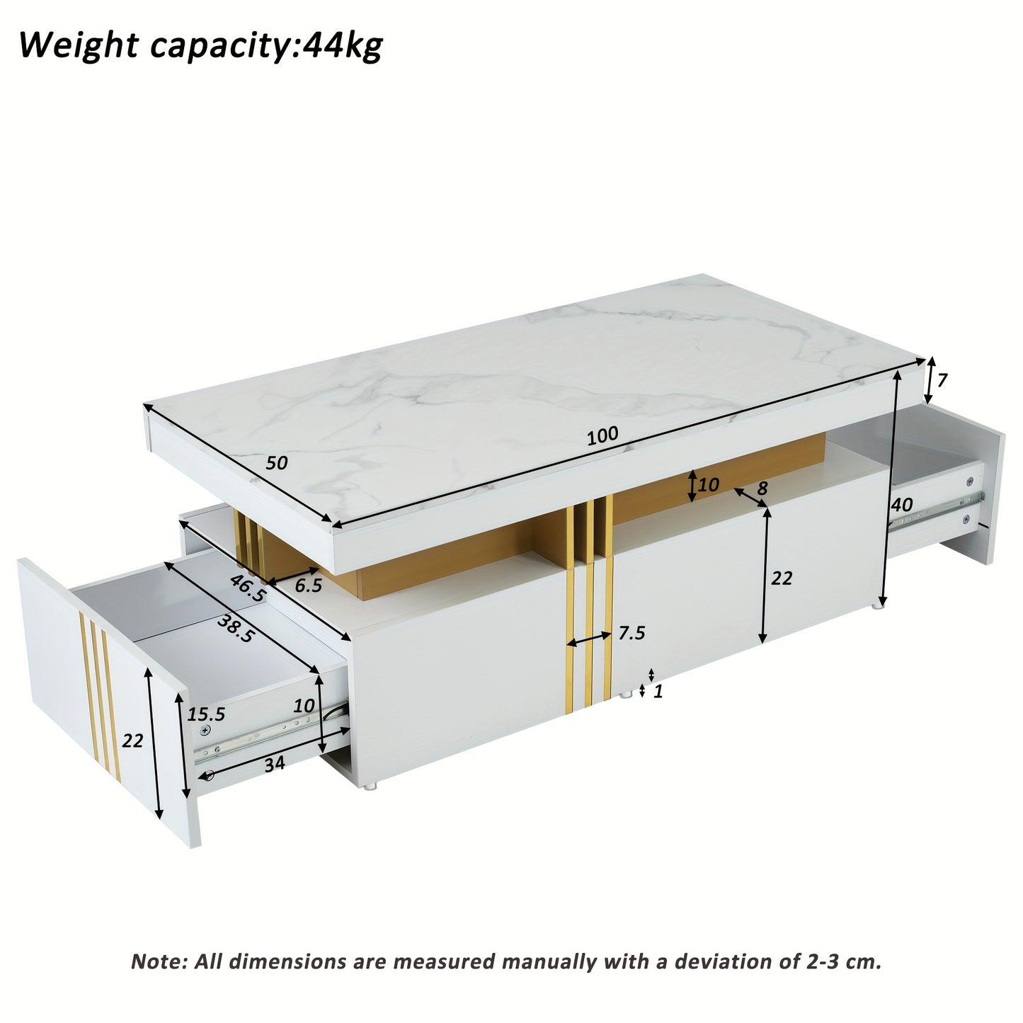 Modern Rectangular Coffee Table, High-gloss Tabletop with 2 Wooden Drawers, Marble Top, for Living Room, 100*50*40cm