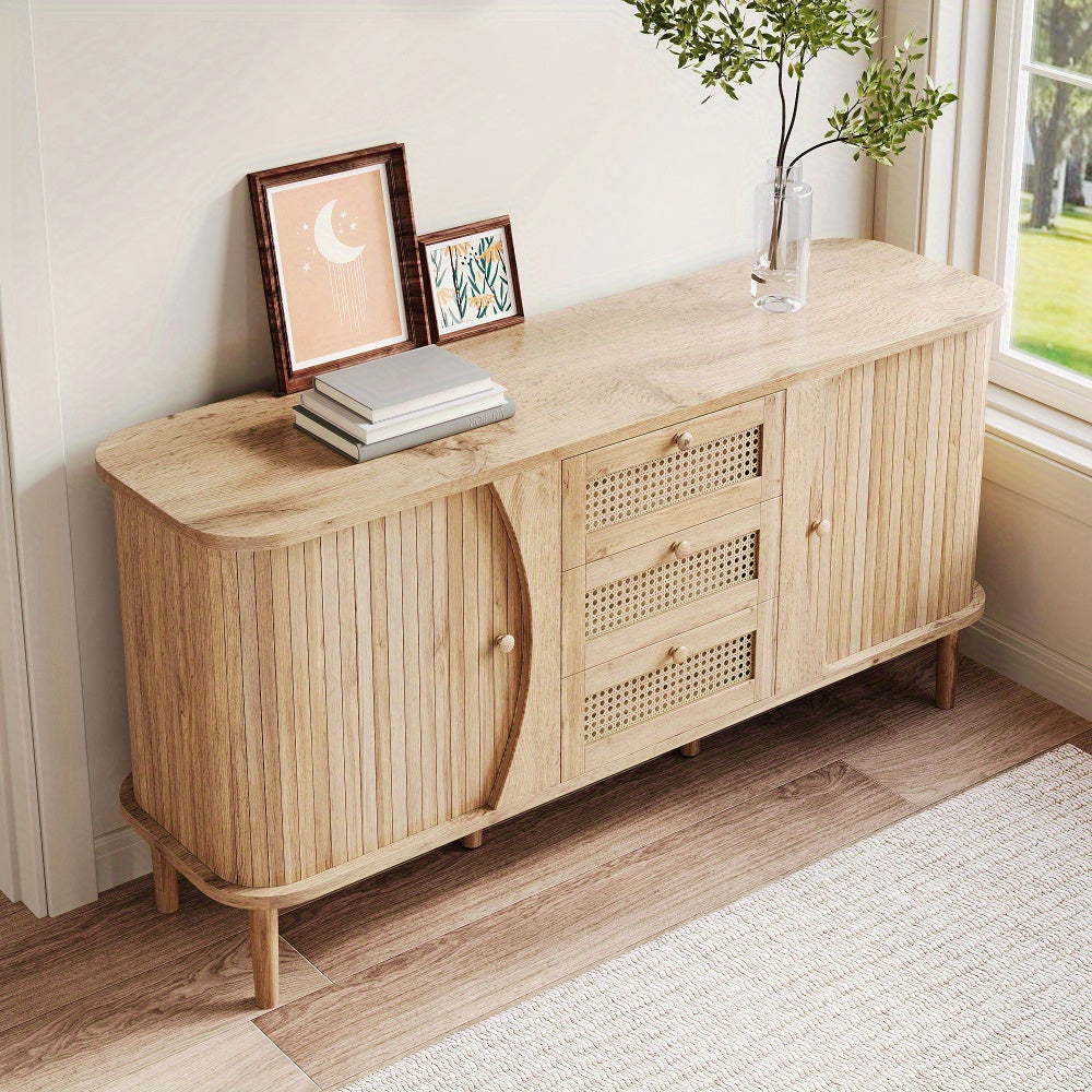 Modern Farmhouse Sideboard Cabinet with Sliding Doors - Natural Beige & Brown Storage Furniture, Adjustable Shelves, Entryway, Living Room, Dining Room Organizer - Easy Assembly Required, Entryway Furniture, Contemporary Desi