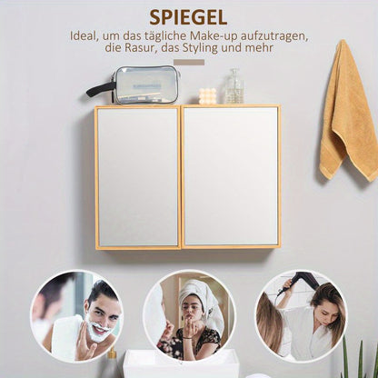 Badkamerkast – Badkamermeubel – Opbergkast – Spiegelkast – Wandschap – Spiegeldeuren – Schuifplanken – Compact Ontwerp – Hout Metaal Glas – 65,2x14x50 cm – Eenvoudige Montage