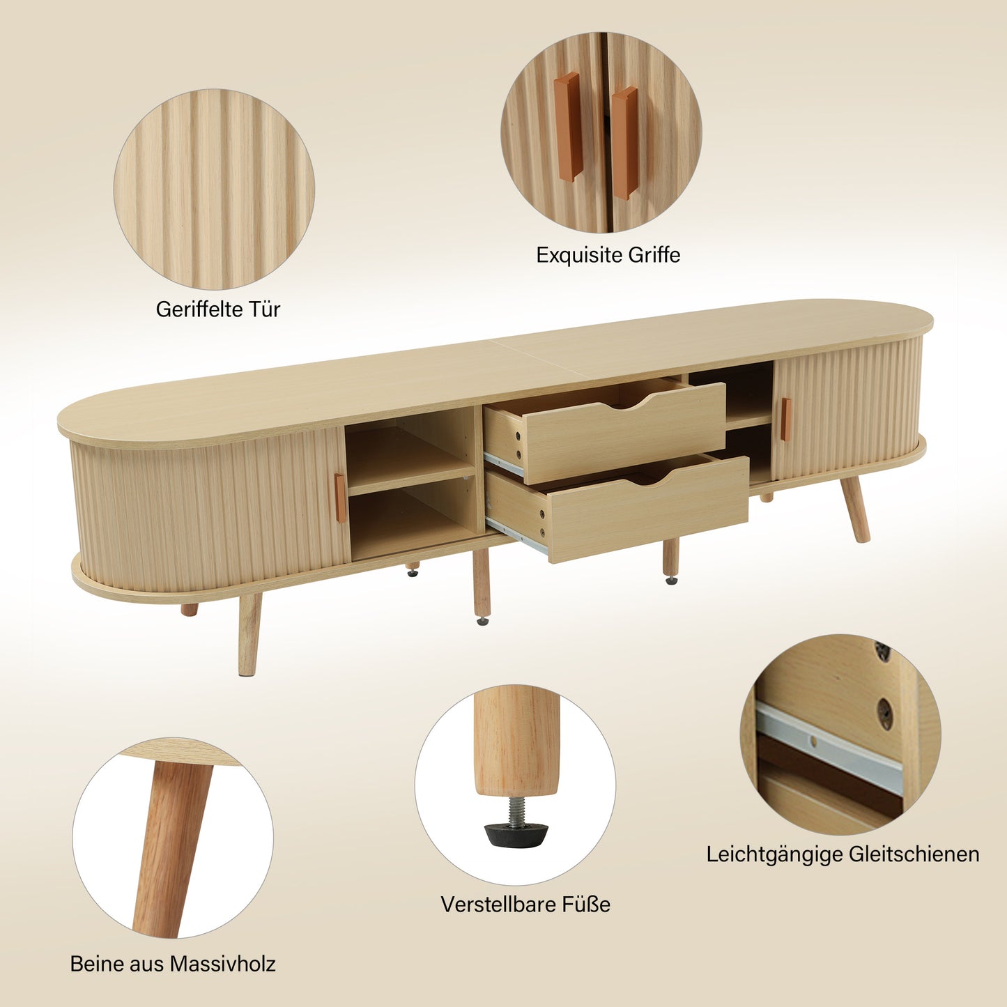 TV Meubel – TV Kast – Lowboard – Dressoir – Media Meubel – Modern Ovaal Design – 175x40x42 CM Mdf – Lichte Walnoot Met 2 Lades en Schuifdeuren
