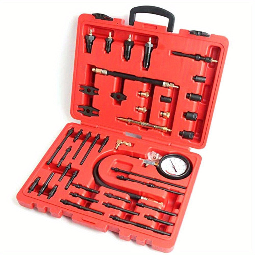 Compressietester – Drukmeter – Motorcompressietester – Cilinderdruktester – Testset – Geschikt Voor Benzine En Diesel – Meet Tot 40 BAR / 600 PSI – Inclusief Diverse Adapters – Met Opbergcase – Rood