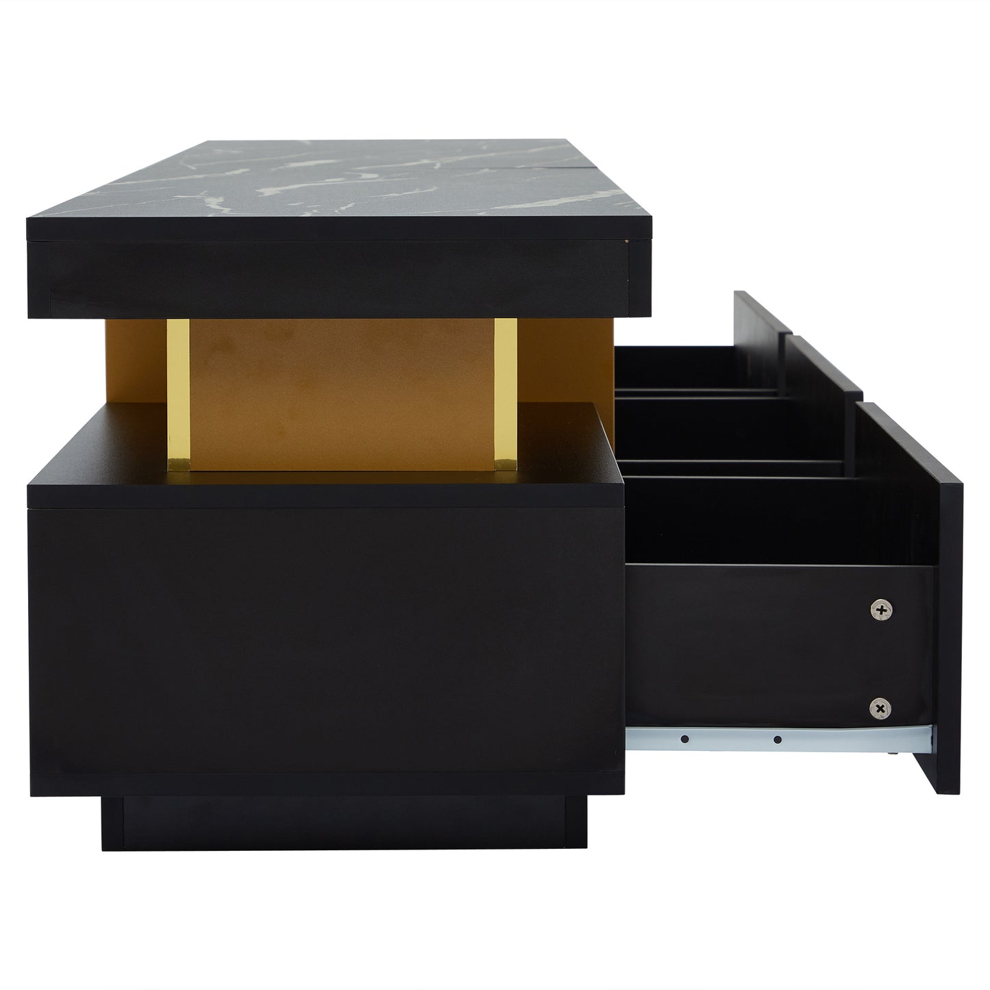 Tv Meubel – TV Meubelkast – TV Dressoir – TV Kast – Lowboard – Marmerlook Blad – 200x40x42 cm – Geschikt voor TV tot 90 inch – 3 Ruime Lades – Kabeldoorvoer – Zwart-Goud Hoogglans