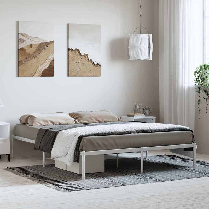 Modern White Metal Bed Frame with Sturdy Steel Construction - Heavy-Duty Platform Bed, No Box Spring Needed, Easy Assembly, 59"x79" (150x200cm) Size, Minimalist Design for Contemporary Bedrooms, Durable Metal Frame with Under