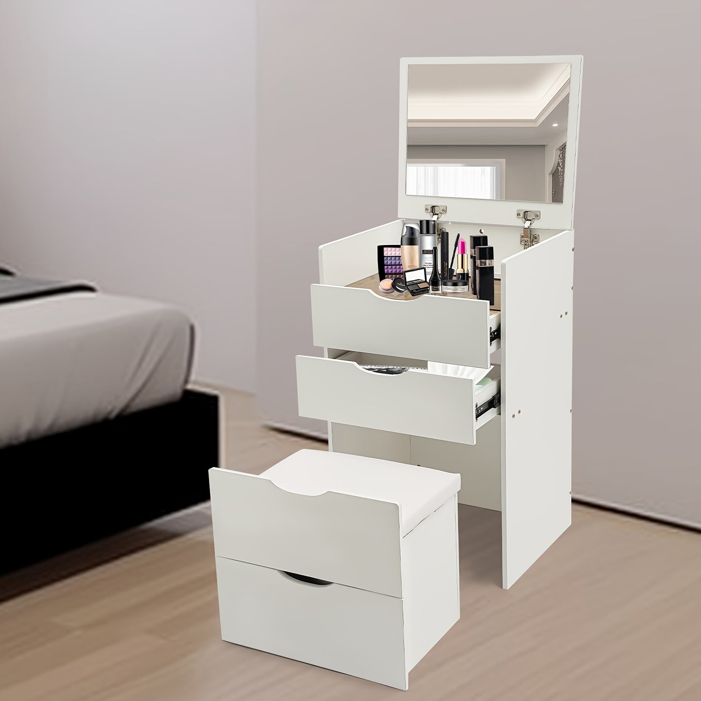 Make-up Tafel – Schminktisch – Dressing Table – Vanity Desk – Make-up Meubel – Compact Formaat – 3 Lades Met Verborgen Opbergruimte – Crèmewit
