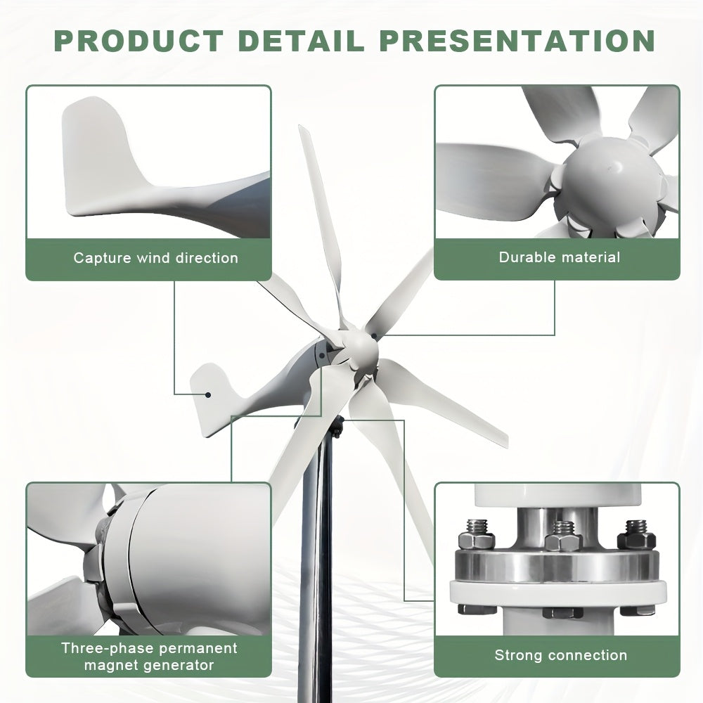 Windturbine – Windgenerator – Windmolen – Windenergie Generator – 1000W Zes Bladen – Stil Bij Lage Windsnelheid – Inclusief MPPT-Controller