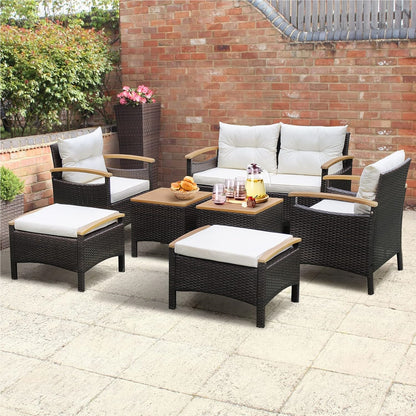 Tuinmeubelset Rattan – Balkonmeubels – Loungeset – Buitenmeubelen – Zithoek – Acaciahouten Tafelbladen – Comfortabele Kussens – Weerbestendig Stalen Frame