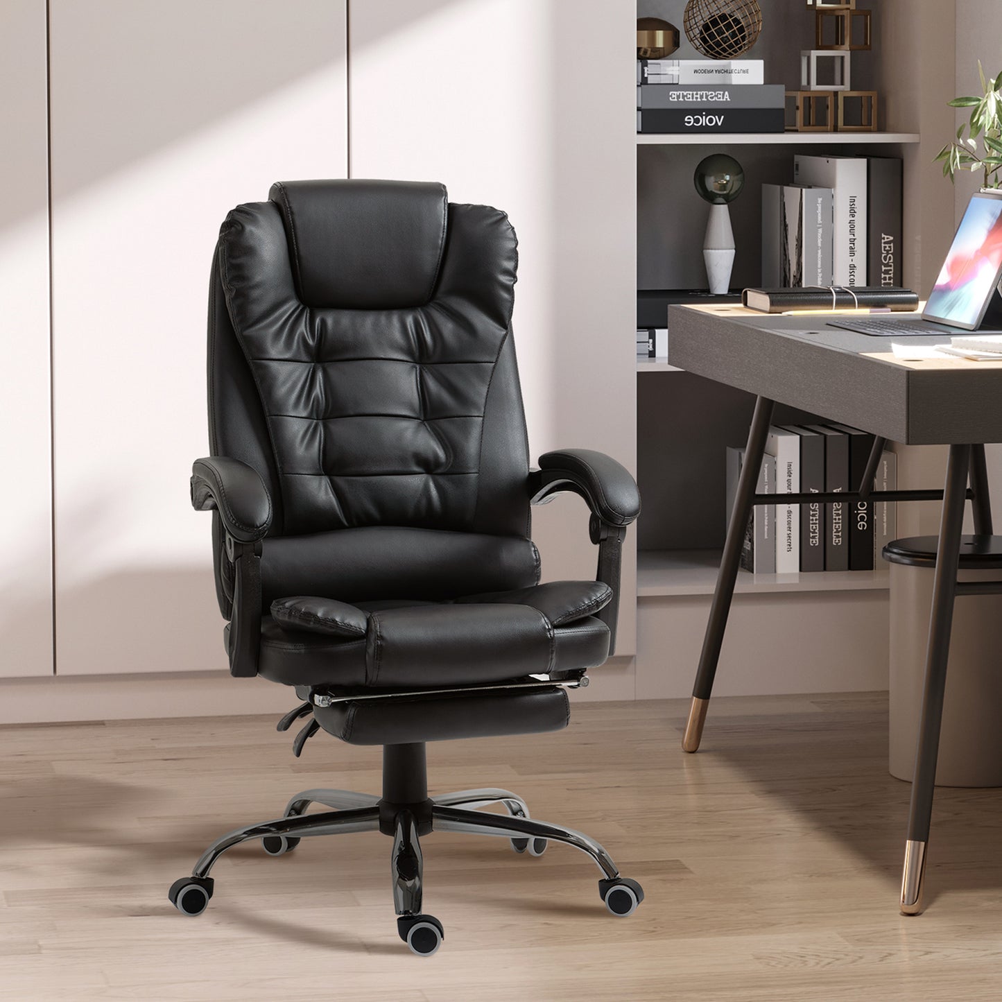 Bureaustoel – Werkstoel – Kantoorstoel – Managerstoel – Draaistoel – Hoog Comfort – Kantelfunctie – PU Wielen – Zwart – Afmeting 64,5x69x117 cm