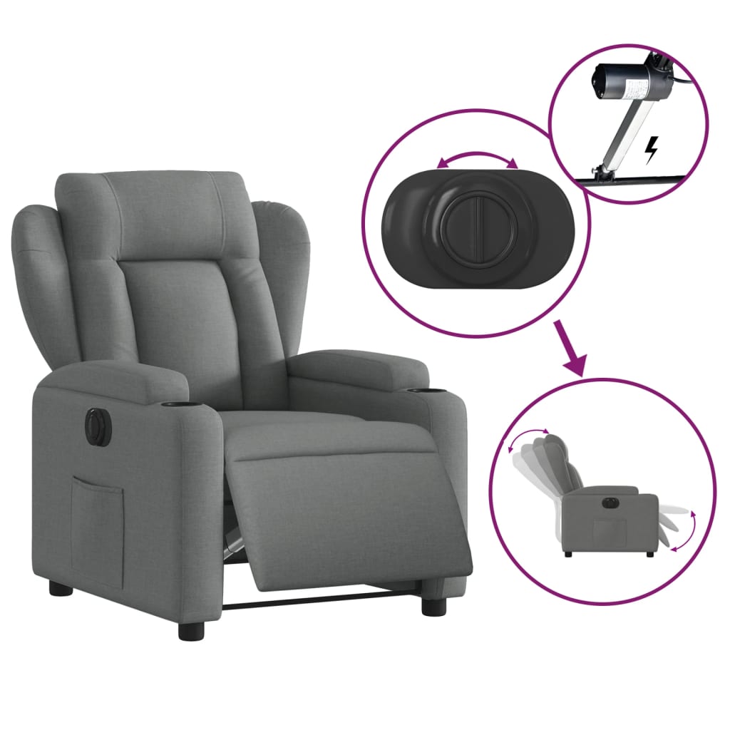 Relaxstoel Elektrisch Verstelbaar – Fauteuil – Lounge Stoel – Zitstoel – Elektrische Relaxfauteuil – Lichtgrijs – 135° Kantelhoek – Twee Bekerhouders