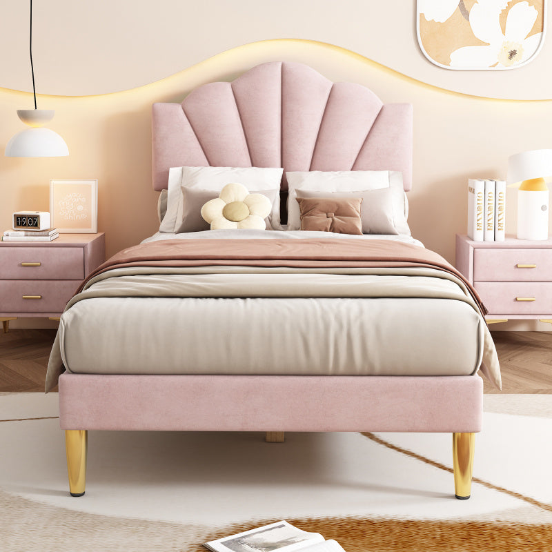 Bed – Eenpersoonsbed – Slaapbed – Ledikant – Gestoffeerd Bed – Roze Velvet – Verstelbaar Hoofdeinde – Houten Lattenbodem