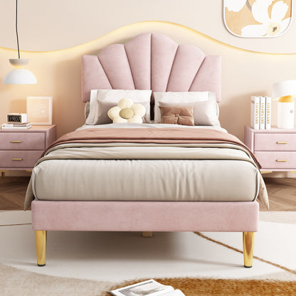 Bed – Eenpersoonsbed – Slaapbed – Ledikant – Gestoffeerd Bed – Roze Velvet – Verstelbaar Hoofdeinde – Houten Lattenbodem