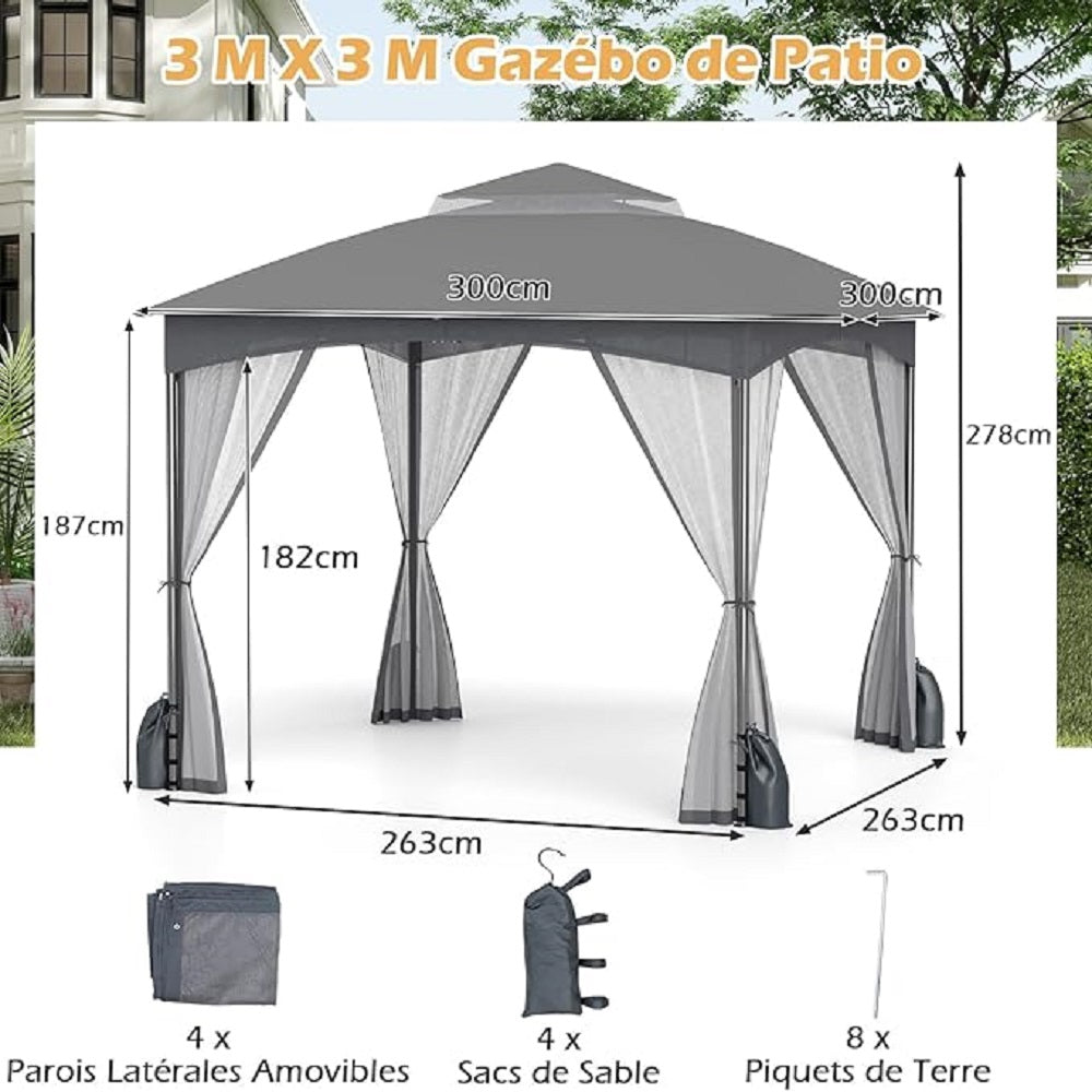 Tuinpaviljoen – Tuinhuisje – Tuinveranda – Terrasoverkapping – Pergola – 3x3 Meter – Stevig Metalen Frame – Ventilerend Dubbel Dak