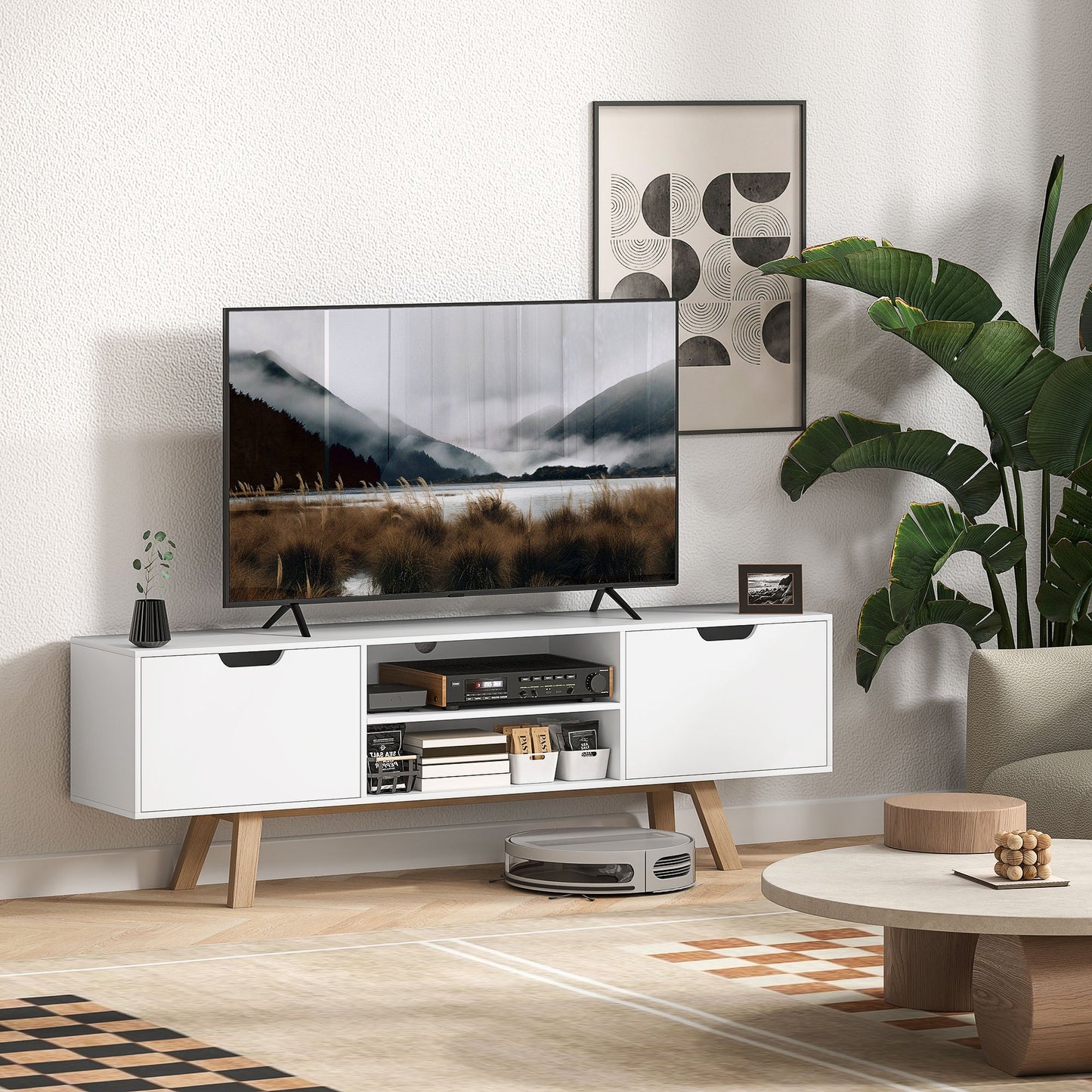TV-kast – Tv-meubel – Lowboard – Mediameubel – Wandmeubel – Wit – Geschikt voor tv tot 65 inch – Kabelmanagement en ruime opbergladen