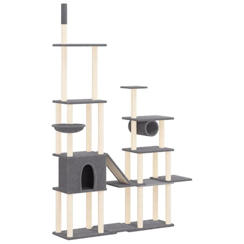 Krabpaal – Kattenklimrek – Krabplank – Krabtoon – Kattenmeubel – Donkergrijs – 279 cm Hoog – Houten Constructie Met Sisal