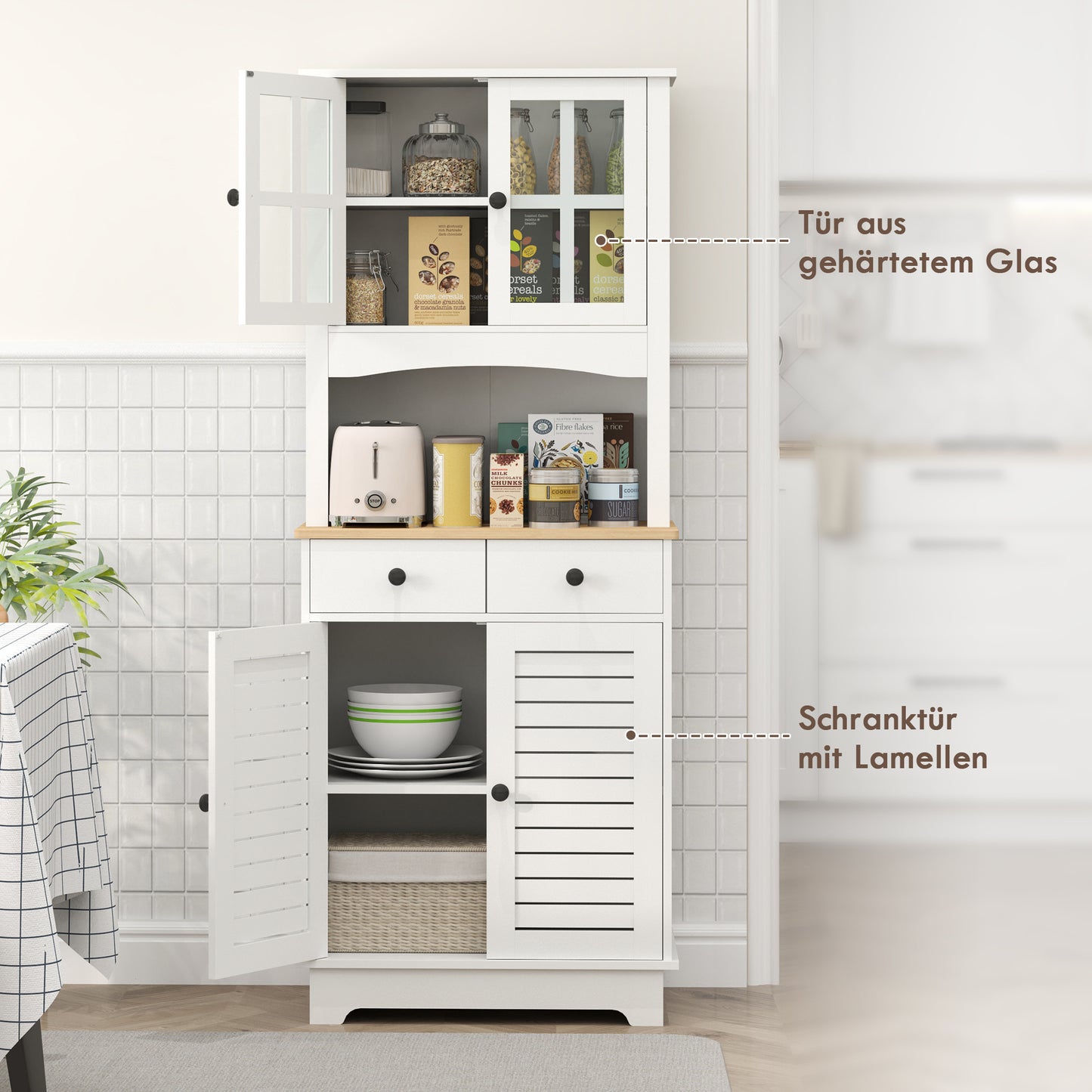 Keukenkast – Hoge Kast – Buffetkast – Opbergkast – Bovenkast – Verstelbare Planken – Wit 68x39,5x170 cm Rubberwood Werkblad
