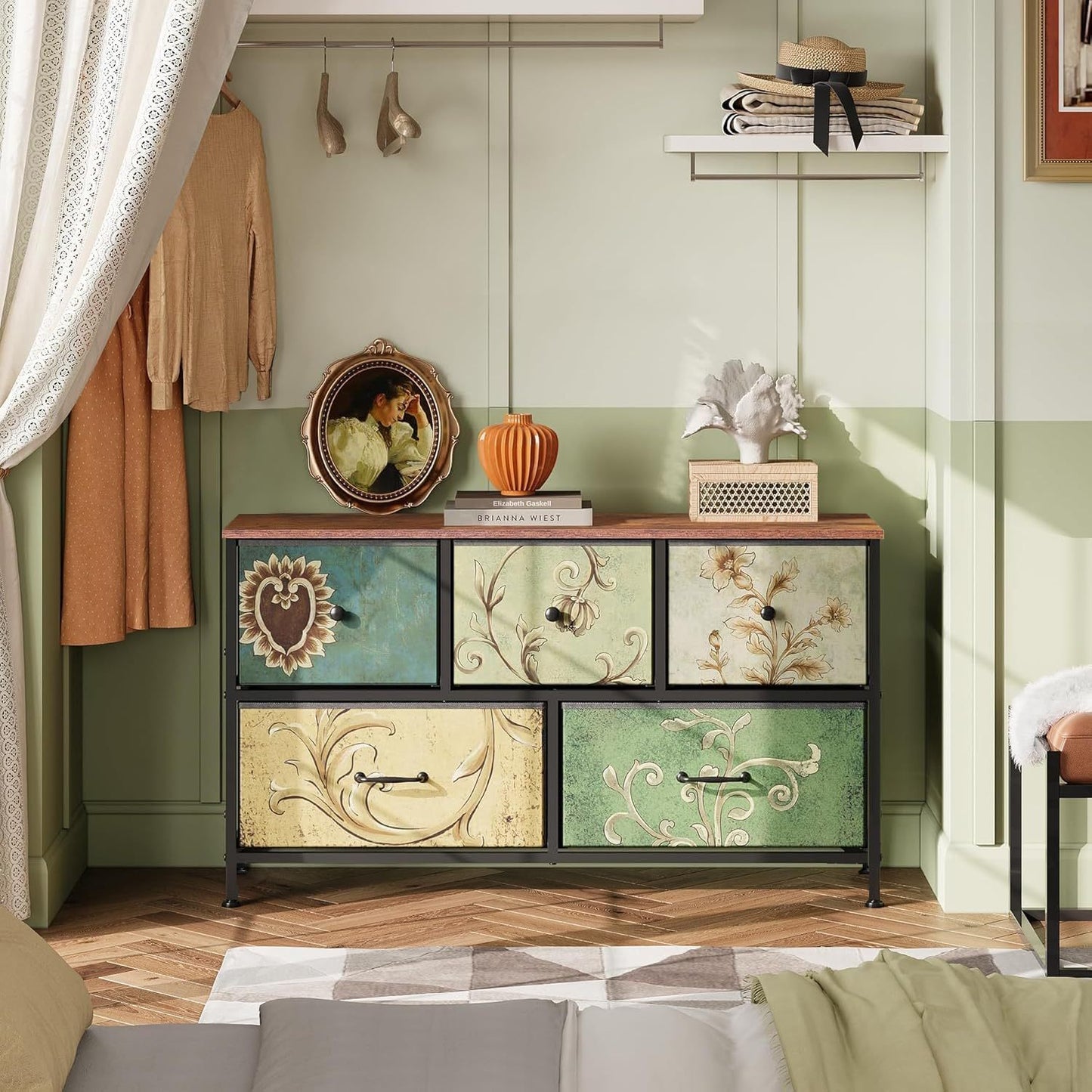 Commode – Ladekast – Dressoir – Kast – Opberger – Retro Patroon – 7 Stoffen Lades – Metaal Frame Met Houten Blad