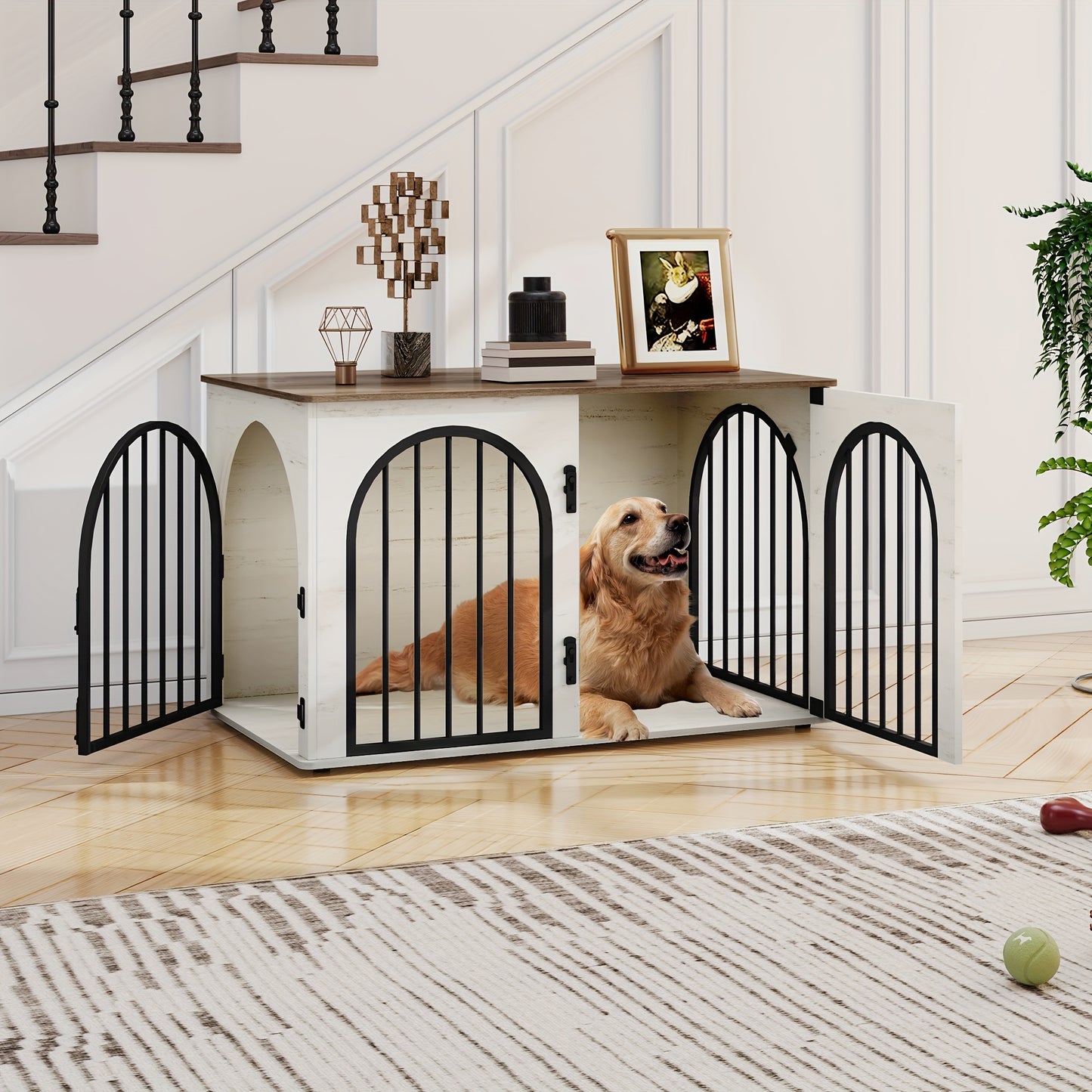 Dog Cage Furniture, 100cm Dog Box, 3 Doors, Arched Door, Modern Indoor Dog Box for Dogs Up to 100kg, Side Table, Dog Cage for Home