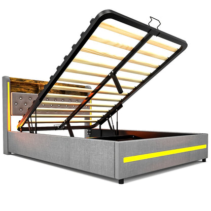 Modern Upholstered Double Bed Frame with Hydraulic Storage & LED Headboard - Lift-Up Platform Bed Suitable for Small Spaces, Grey Bed 140x200cm, Easy Assembly (No Mattress Included)