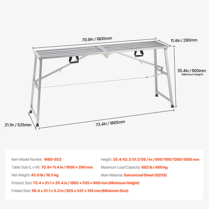 Werksteiger – Steiger – Bordes – Plateau – Werkplatform – Verstelbare Hoogte 90-150 cm – Draagvermogen 400 kg – Lichtgewicht Verzinkt Staal