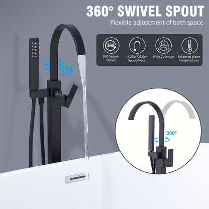 Modern Black Freestanding Bathtub Faucet with Brass Waterfall Spout & Hand Shower - 360° Swivel Spout, Floor-Mounted Design, Copper Valve Core, Easy Installation (No Batteries/Electrical Required), G3/8 Connections, Painted