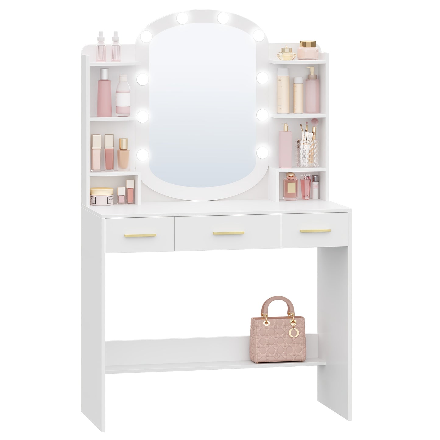 Make-up Tafel – Kaptafel – Schminktisch – Make-up Organizer – Cosmetica Tafel – Wit MDF – LED Verlichting Met 3 Lichtstanden – 40x90x144 cm