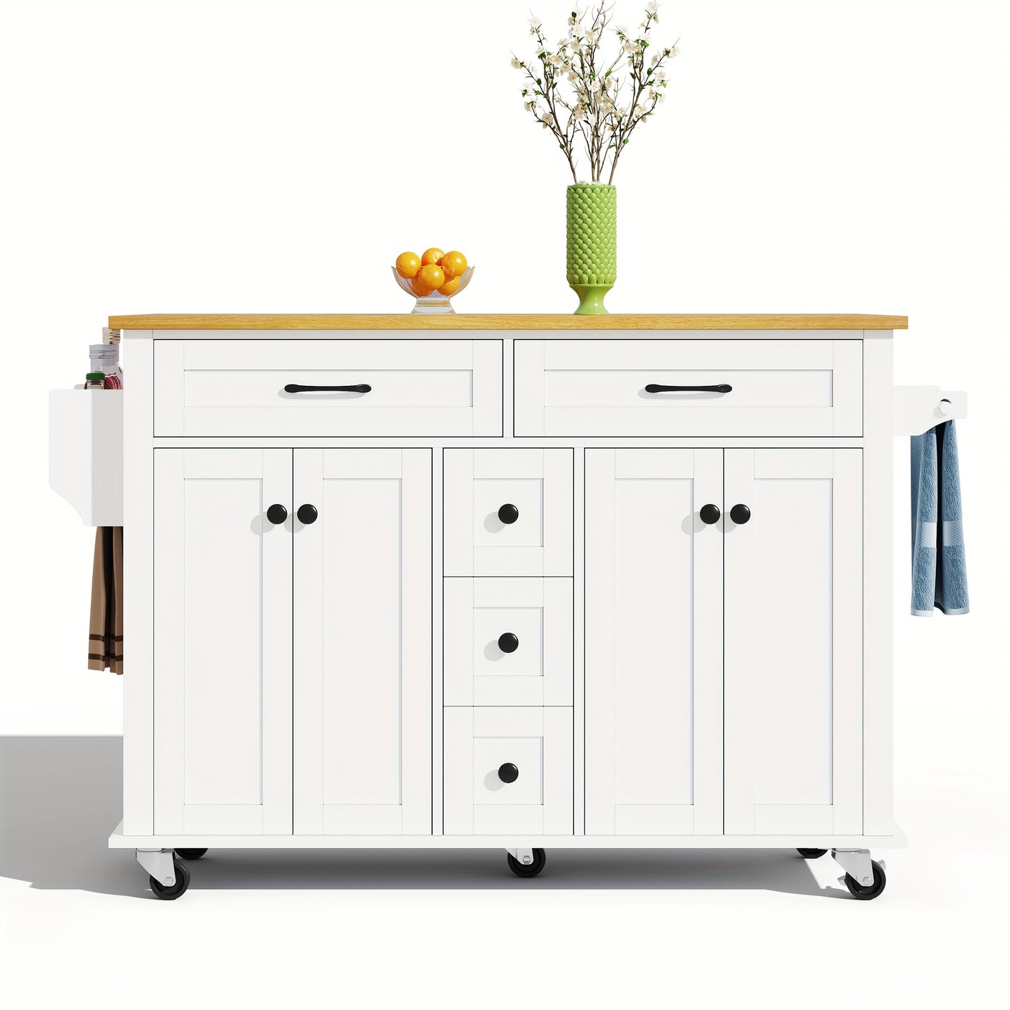Multifunctional Kitchen Trolley with Folding Worktop, 120 X 65cm, Extendable, with 5 Drawers, Cupboards, Spice And Towel Racks, On Castors - Kitchen Island for Kitchen, Dining Room And Living Room, Storage Drawer Units