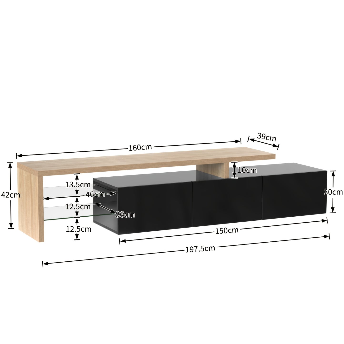 Modern TV Stand with Glass Shelves & Wood-Look Finish - High-Gloss Black Metal Frame, Practical Storage Space, Minimalist Design for Living Room Entertainment, Entertainment Unit, Decorative Accents, Sleek Construction